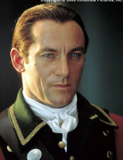 A man in an 18th-century military uniform with a white cravat and a red coat glares intensely at the camera, evoking the authoritative demeanor of a historical officer giving a stern command. The "Copyright © 2006 Columbia Pictures, Inc." watermark in the upper corner confirms this is a still from a Columbia Pictures film, likely "The Patriot," fitting the post's reference to a commanding figure telling revolutionaries to "fork off."