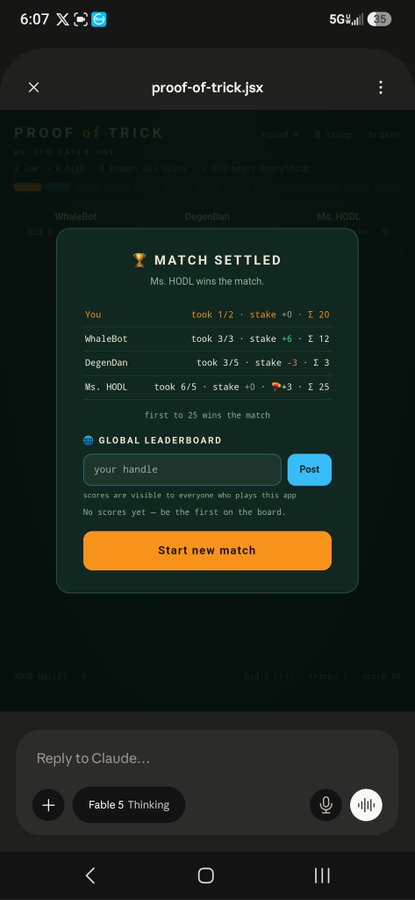 A mobile screen capture of a 'PROOF of TRICK' game interface showing match results where Ms. HODL won, with player scores (You: 20, WhaleBot: 12, DegenDan: 3, Ms. HODL: 25) and a 'Start new match' button.