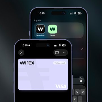 A smartphone mockup displays the 'Wirex' app interface showing a virtual Visa card, with a 'Top Hit' section featuring apps like Wire One and Wires.