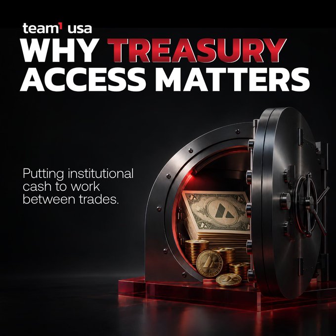 An advertisement for 'team1 usa' titled 'WHY TREASURY ACCESS MATTERS' with the tagline 'Putting institutional cash to work between trades,' depicting a bank vault filled with cash and gold coins.