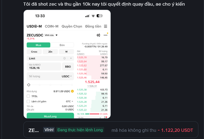 A cryptocurrency trading interface in Vietnamese showing a ZEC/USDC short position on a margin trading platform, with text 'Tôi đã short zec và thua gần 10k nay tôi quyết định quay đầu, ae cho ý kiến' (I shorted ZEC and lost nearly 10k, today I decided to reverse, give me your opinion).