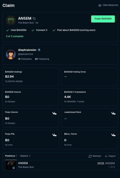 A cryptocurrency claim page showing the $ANSEM token ('The Black Bull • 1w'), held by @ephraimnin with 1K Followers, displaying 3 of 3 completed tasks, holdings of $2.94 (10.205705 ANSEM), and a position of 10.21 ANSEM.