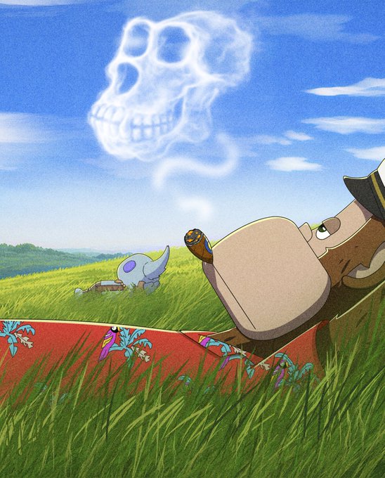 A skeletal pirate with a cigar lounges in a grassy field alongside a small horned creature, as a skull-shaped cloud of smoke drifts across the blue sky above them. The whimsical, laid-back scene reflects the post's message of choosing friendship and integrity over chasing quick crypto profits.