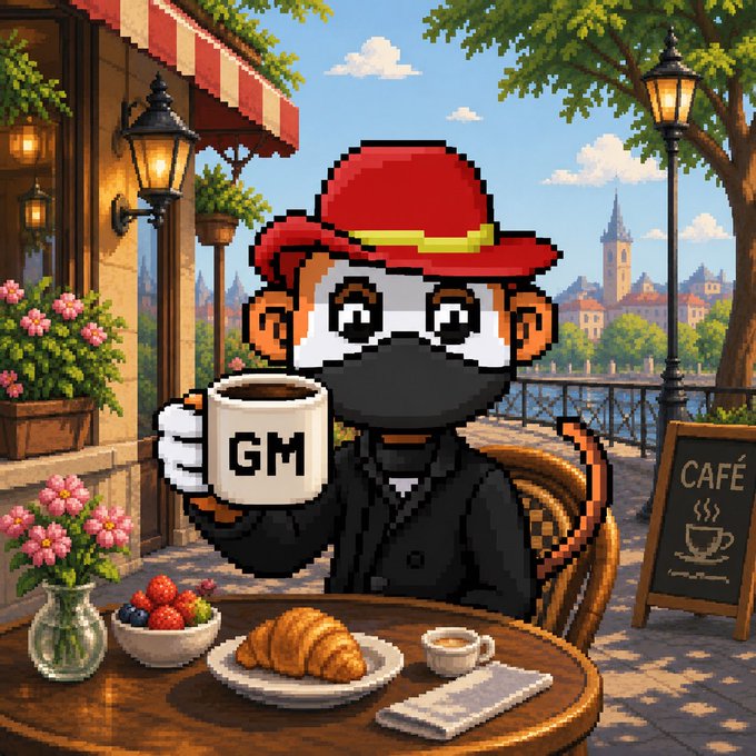A pixelated monkey in a red hat holds a coffee mug with "GM" on it, sitting at a cafe table with breakfast, hinting at the "Good Morning" greeting and cafe setting in the accompanying post. The image directly relates to the post's "Gm" greeting and relaxed weekend vibe.