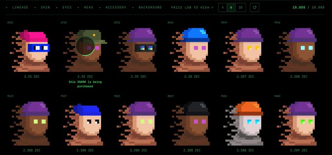 A pixel-art NFT marketplace interface displaying a grid of 12 colorful character avatars priced around 2.35-2.389 ZEC (ranging from #531 to #598), with a notification reading "this SMART is being purchased" and filters for "LINEAGE, SKIN, EYES, HEAD, ACCESSORY, BACKGROUND" at the top. The image relates to the post by showcasing the Bitfoots NFT collection on the Zora marketplace, highlighting the project's limited 303 supply mentioned in the promotional text.