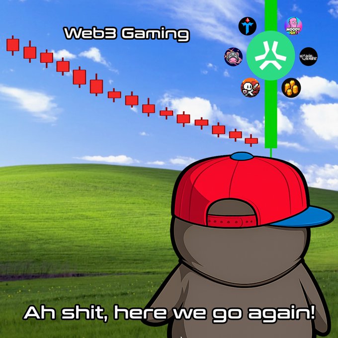 A character wearing a red cap gazes up at the "Web3 Gaming" logo as a red descending candlestick chart trends sharply downward, with the caption "Ah shit, here we go again!" ironically framing the post's bullish sentiment amid another market dip.