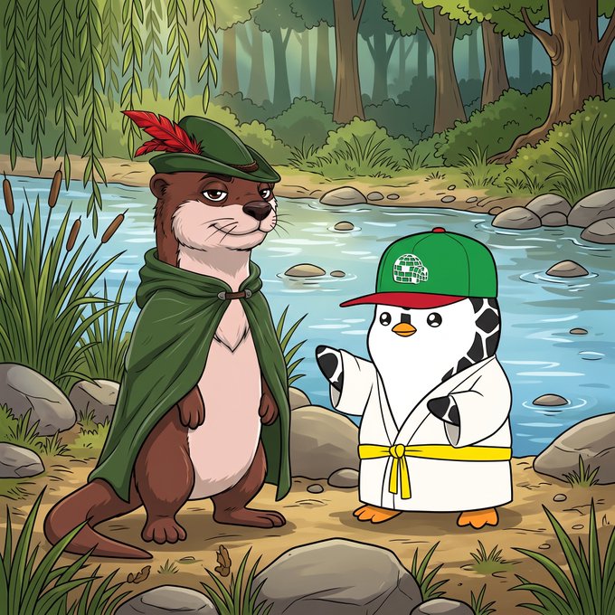 A cartoon illustration of an otter wearing a green Robin Hood-style hat and cape standing next to a penguin in a white martial arts uniform and green cap with a turtle logo, in a forest stream setting.