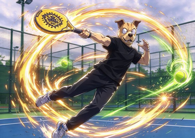 An anime-style illustration of a character with a dog head mask wielding a golden racket, surrounded by swirling fire and green energy orbs on a tennis court.