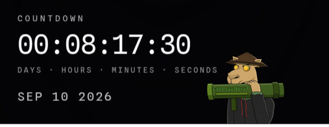 A countdown clock shows 00:08:17:30 (days, hours, minutes, seconds) until September 10, 2026, alongside a cartoon character holding a green bazooka labeled "r00t$y0d3n", creating urgency around the Quantum Echoes mint mentioned in the post.
