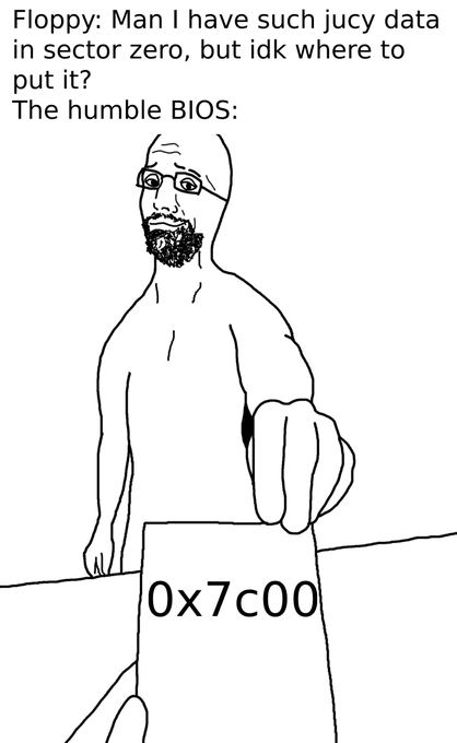 A Wojak-style meme titled 'Floppy: Man I have such juicy data in sector zero, but idk where to put it? The humble BIOS:' showing the character pointing at a box labeled '0x7c00'.