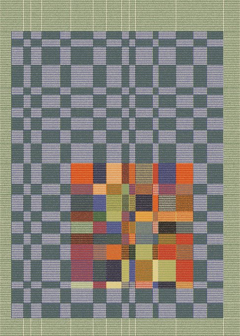 An abstract geometric artwork featuring a gray and blue checkered pattern surrounding a colorful grid of orange, red, blue, green, and yellow squares.