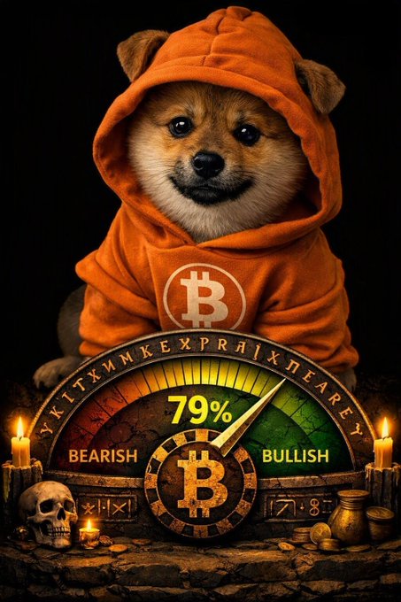 A Shiba Inu dog wearing an orange Bitcoin hoodie sits behind a mystical gauge reading 79% bullish, decorated with candles, a skull, and gold coins.