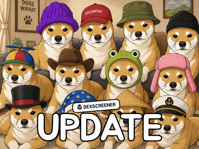A cartoon illustration featuring multiple Shiba Inu dogs wearing various hats (beanies, cowboy hats, sailor cap, propeller cap, etc.) with 'DOGE WIFHAT' text, branded with 'DEXSCREENER UPDATE' overlay.