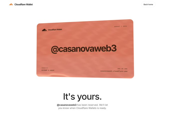 A digital mock-up of a salmon-colored "Cloudflare Wallet" card displaying the reserved username "@casanovaweb3" and the URL "casanovaweb3.cloudflare.pay." This image serves as a visual confirmation of the user's ability to reserve their unique wallet tag ahead of the service's launch.