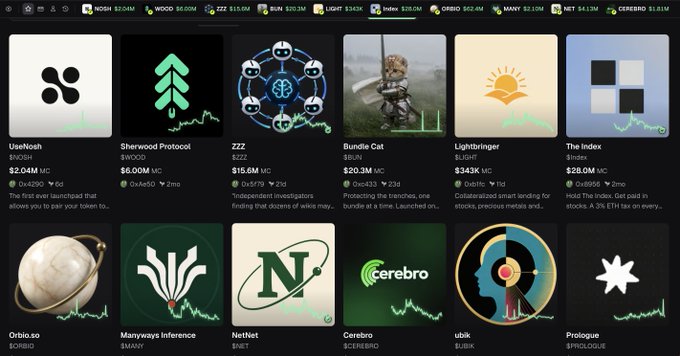 A cryptocurrency portfolio dashboard displays various tokens including NOSH, WOOD, ZZZ, BUN, LIGHT, Index, Orbit.so, MANY, Net, Cerebro, ubix, and Prologue, with their prices and market caps shown.