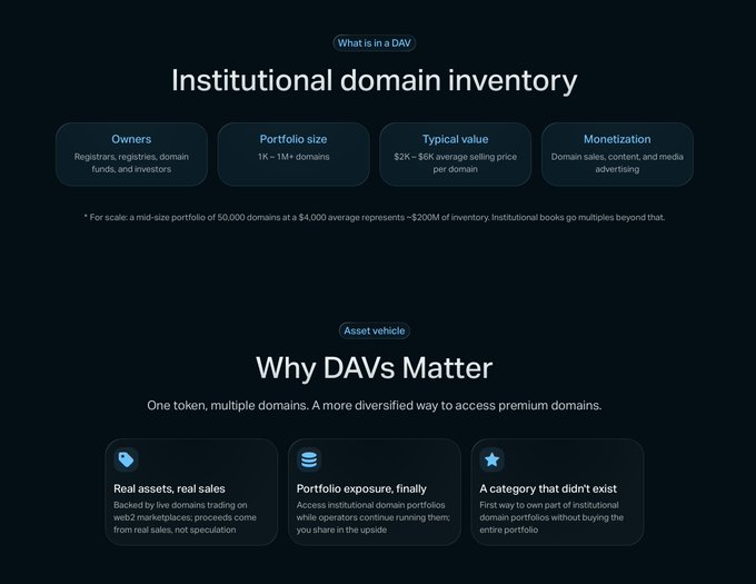 A dark-themed webpage explaining 'What is in a DAV' with sections on 'Institutional domain inventory' and 'Why DAVs Matter' featuring icons for real assets, portfolio exposure, and category creation.