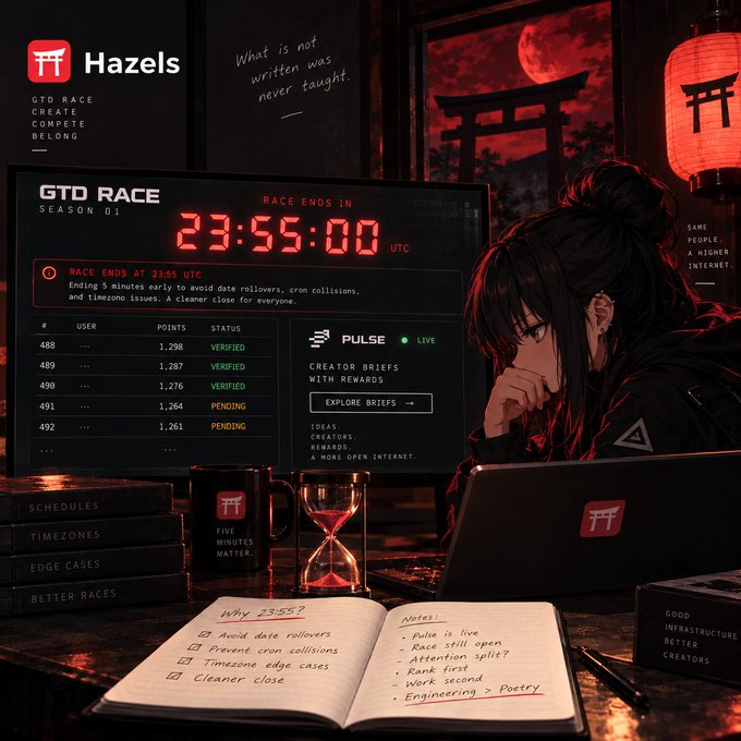 A dark-themed promotional image for 'Hazels' GTD RACE Season 01 featuring an anime-style character at a laptop, with a countdown timer reading '23:55:00 UTC', a leaderboard, and the text 'What is not written was never taught.'