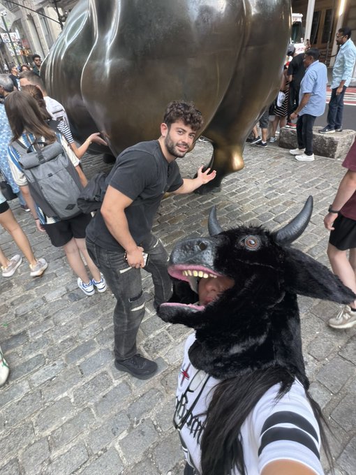 The post pokes fun at the iconic Wall Street "Charging Bull" statue, where the man's playful pose near the bull's rear end humorously implies a risqué interaction. The accompanying text "$testicle" references the joke, while "$ANSEM" is likely a social media handle or token ticker being promoted. The image captures a candid, comedic tourist moment on Wall Street.