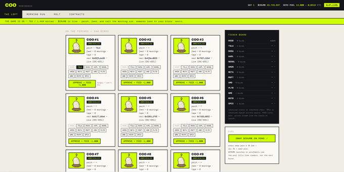 The image shows the "COO" dashboard featuring a roster of "PERCHES" with bird-themed avatars (COO #1 through #9) each displaying deposit, food, and earnings stats for stocks like TSLA, NVDA, MSTR, and SPCX, alongside a ticker board and a "CHAT BEFORE GO PUBLIC" panel. It visually matches the post by illustrating the loft interface where users place their "pigeon" on stocks, feed it $CRUMB tokens, and track rewards pending a 24-hour reveal.
