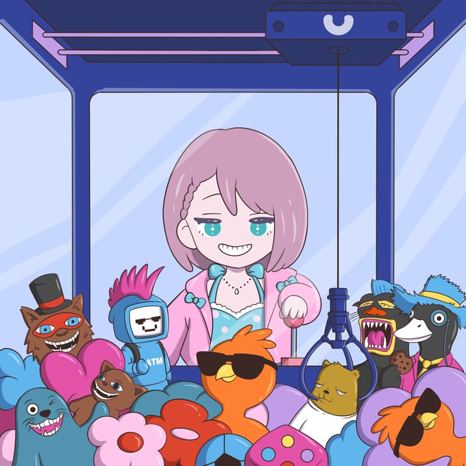 A chibi-style pink-haired girl rides a colorful claw machine filled with playful XRP-themed characters, including an orange “ATM” robot. The artwork promotes the “TREASURE CLAW” mint by @xrpcafe, priced at 1.58 XRP with only 33 editions.