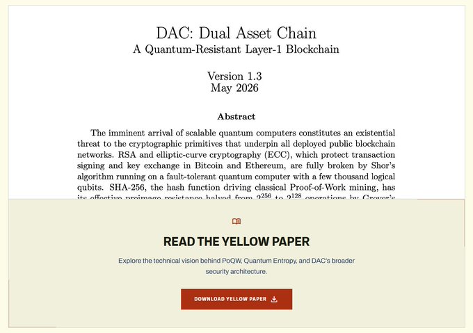 The image features a computer screen displaying an open webpage with text from DAC about Double Asset Chain, including details about its purpose and implementation involving blockchains. Below this information are instructions for users to read the yellow paper, which provides further context and details about DAC's Proof of Quantum Work (PQW). It appears that the website is designed in a way that makes it easy for users to understand the concept and process behind DAC's innovative approach to blockchain mining.