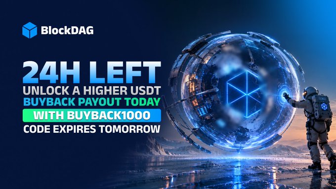 A promotional advertisement for 'BlockDAG' cryptocurrency project featuring '24H LEFT' in large blue text, promoting a 'HIGHER USDT BUYBACK PAYOUT TODAY WITH BUYBACK1000' with 'CODE EXPIRES TOMORROW.' The right side shows a futuristic scene with an astronaut touching a glowing blue spherical device on a watery landscape.