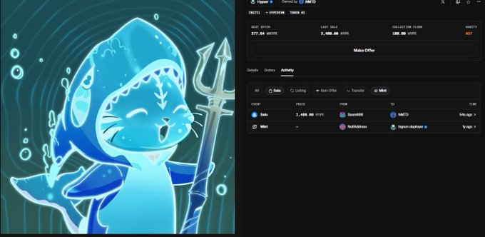 A digital NFT marketplace interface displays an animated blue shark-like character holding a trident, alongside a trading panel for an NFT priced at '2,499,500 SYPX' with activity logs showing recent sales and offers.