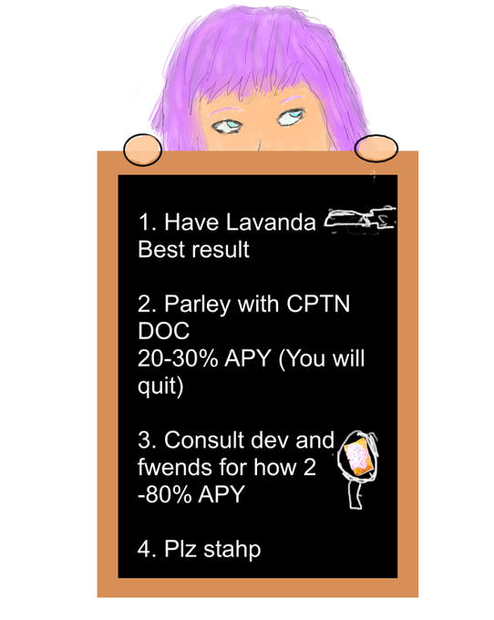 A cartoon image of a character with purple hair peeking over a black chalkboard listing humorous advice: '1. Have Lavanda [gun emoji] Best result', '2. Parley with CPTN DOC 20-30% APY (You will quit)', '3. Consult dev and fwends for how 2 -80% APY', and '4. Plz stahp'.