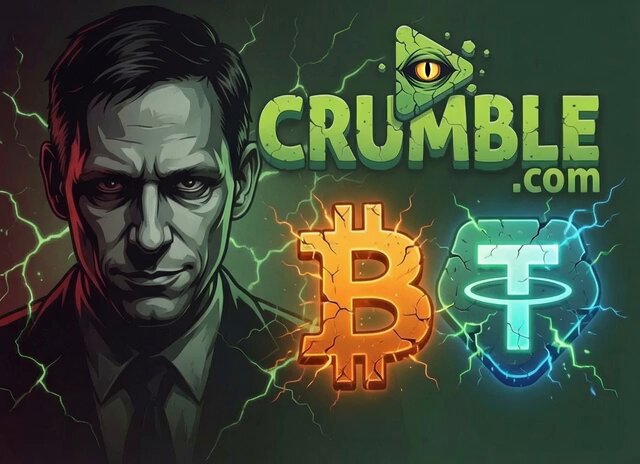 A stylized illustration features a stern-faced man beside the "CRUMBLE.com" logo with an eye symbol, set against a dark green background with crackling energy effects. Below the logo are glowing Bitcoin (₿) and Tether (₮USDT) cryptocurrency symbols with lightning-like patterns.