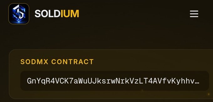 A dark-themed webpage or app interface for 'SOLDIUM' displaying a 'SODMX CONTRACT' with a partial alphanumeric string 'GnYqR4VCK7aWuUJksiwNrkVzLT4AVfvKyhhv...'.