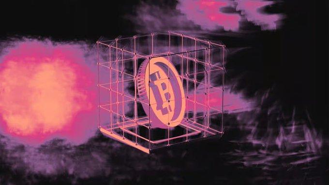 A stylized 3D graphic of a Bitcoin coin enclosed in a wireframe cube against a dark background with pink and purple cloudy effects.
