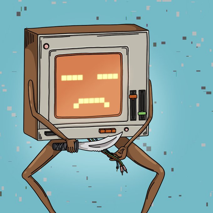 An anthropomorphic retro computer monitor character with a pixelated frown face stands holding a knife and electrical cables as weapons, threatening to "cut" the NFT. The menacing image ties into the post's ultimatum to mint the artwork before @bankrbot "cuts" it, priced at 3000 $bnkr with a base supply of 99.