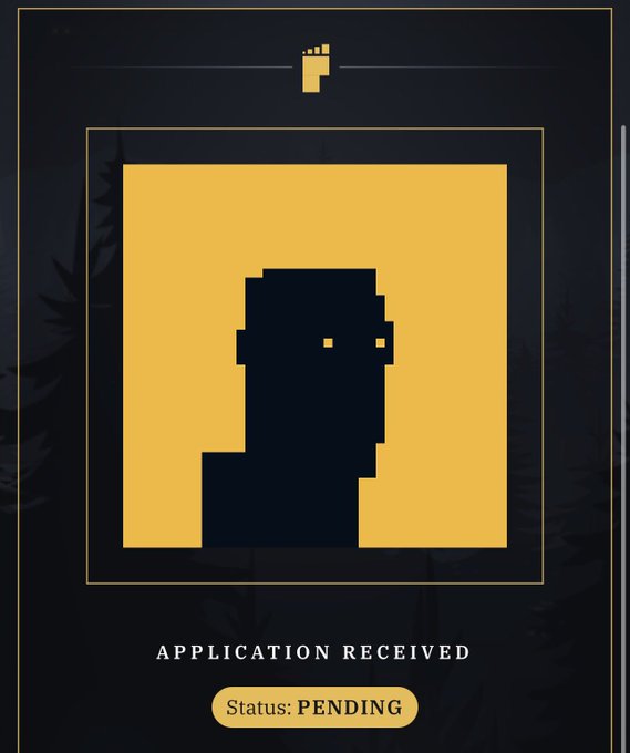 A digital interface displays a pixelated silhouette of a person's head and shoulders with the text 'APPLICATION RECEIVED' and 'Status: PENDING' below it.