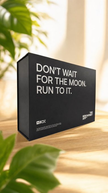 A black box with white text reading 'DON'T WAIT FOR THE MOON. RUN TO IT.' and 'THE NEW MONEY APP', branded with the 'OKX' logo, sitting on a wooden surface next to a green plant.
