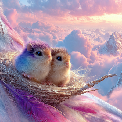 Two adorable hamsters, one with a soft purple-blue and pink coat and the other with golden-brown fur, cuddle together in a fluffy nest set against a dreamy pastel sky filled with cotton-candy clouds, perfectly matching the whimsical, heartwarming aesthetic of the "Soft Hellos" NFT artwork.