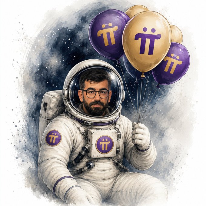 An astronaut floats through a cosmic backdrop, holding balloons emblazoned with the "π" Pi Network symbol, which also appears on his suit patches. The image visually reinforces the post's message of "BUILD. USE. BELIEVE" by depicting the Pi Network's logo launching into space—a metaphor for the project's ambitious reach and uplifting momentum within the crypto community.