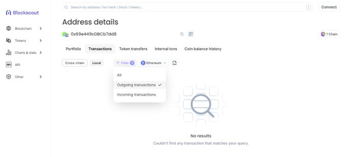 A screenshot of a web interface titled 'Blockscout' showing 'Address details' for the address '0x69e449c0BcB7dd8', with a dropdown menu open displaying filter options for 'All', 'Outgoing transactions', and 'Incoming transactions'.