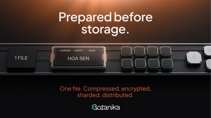A promotional graphic reading 'Prepared before storage.' showing a keyboard with '1 FILE' and 'HOA SEN' on screen, with text below: 'One file. Compressed, encrypted, sharded, distributed.' branded as Botanika.