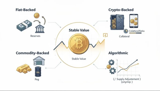 An educational diagram explaining stable value mechanisms with a central Bitcoin coin, branching into four categories: Fiat-Backed (Reserves), Crypto-Backed (Collateral), Commodity-Backed (Gold/Oil Peg), and Algorithmic (Supply Adjustment).