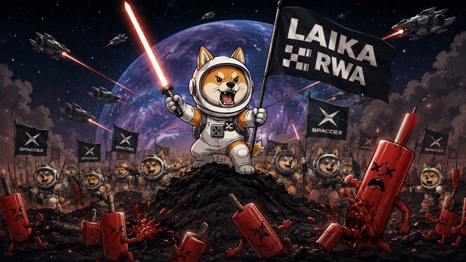 An anime-style illustration of an astronaut dog holding a lightsaber and a 'LAIKA RWA' flag amid a battlefield with SpaceX banners, set against a space backdrop with a planet.