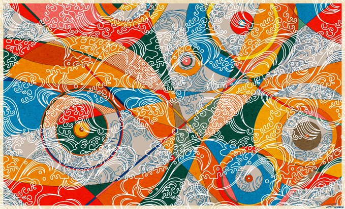 An abstract, colorful painting filled with swirling wave patterns, geometric shapes, and stylized eyes in shades of orange, blue, red, and teal.