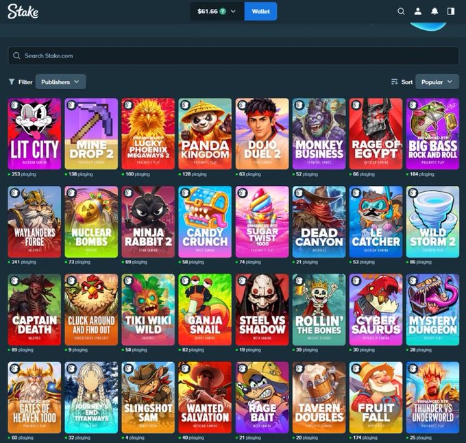 Screenshot of the Stake.com casino homepage displaying a grid of slot game thumbnails including Lit City, Mine Drop, Lucky Phoenix Megaways 2, Panda Kingdom, and others.