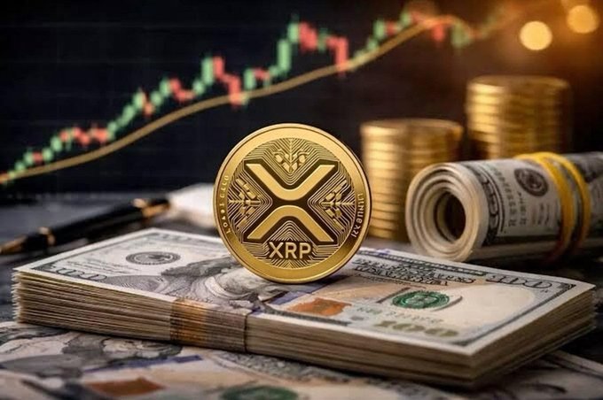 A gold XRP cryptocurrency coin sits atop stacks of US dollar bills with a stock chart displaying a rising trend in the background.
