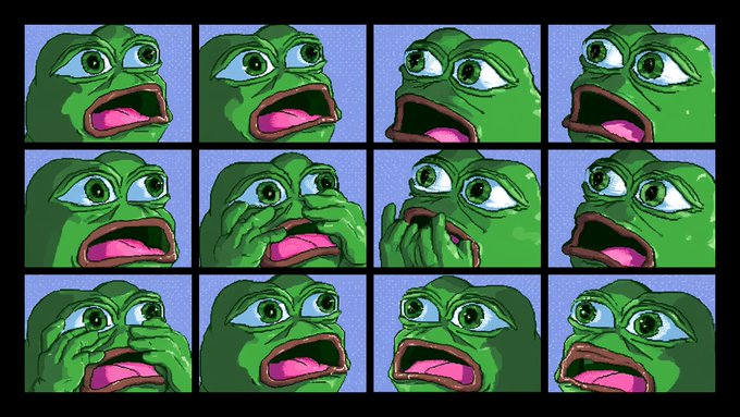 A 3x4 grid of the 'Concerned Pepe' meme, showing a green frog face with a wide-open mouth and worried expression in various poses of shock and disbelief.