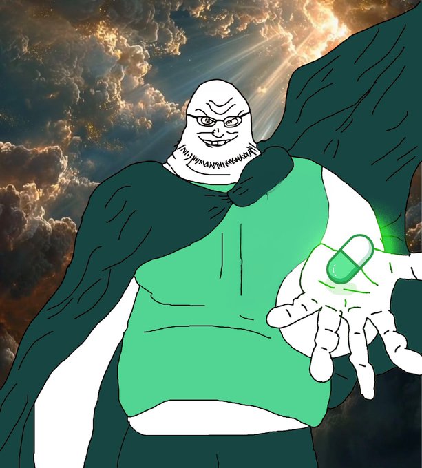 The image shows a cartoonish, bald, smirking figure wearing a green shirt and dark cape, holding out a pill toward the viewer against a dramatic cloudy sky. It relates to the post by depicting the "$Pumpius" meme character offering a pill—symbolizing a potentially risky crypto "pump" token being pitched to a notable figure (likely referencing Elon Musk's @a1lon9 handle).