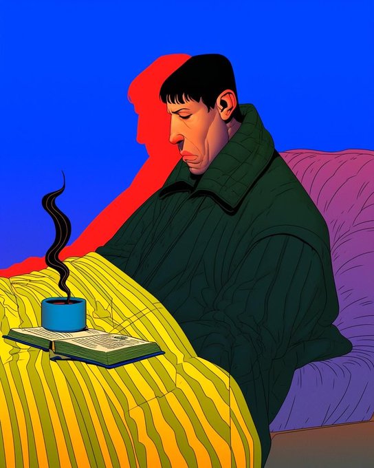 Illustrated portrait of a sad man in a dark green sweater sitting on a bed next to a steaming blue cup and an open book, with his red shadow behind him.