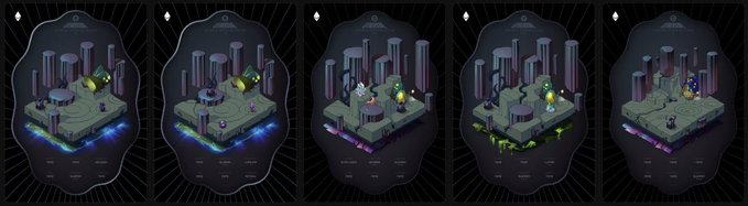 Five isometric puzzle game levels displayed side-by-side, featuring stone platforms with colored pillars, glowing portals, and small characters.