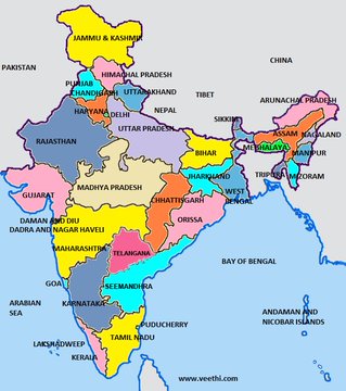 A colorful political map of India showing its states and neighboring countries like Pakistan, China, and Bangladesh, with the Bay of Bengal to the east.