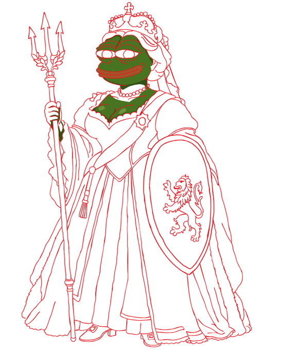 A drawing in red line art shows a regal, anthropomorphic Pepe the Frog dressed as the personification of Britannia, wearing a crown, flowing gown, and pearl jewelry while wielding a trident and a shield emblazoned with a lion—a fitting illustration for the "Pepetannia" meme the poster shared.
