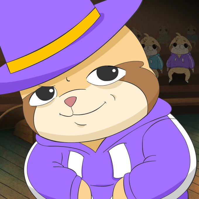 A cartoon illustration of a chubby cat wearing a purple top hat with a yellow band and a matching purple hoodie.